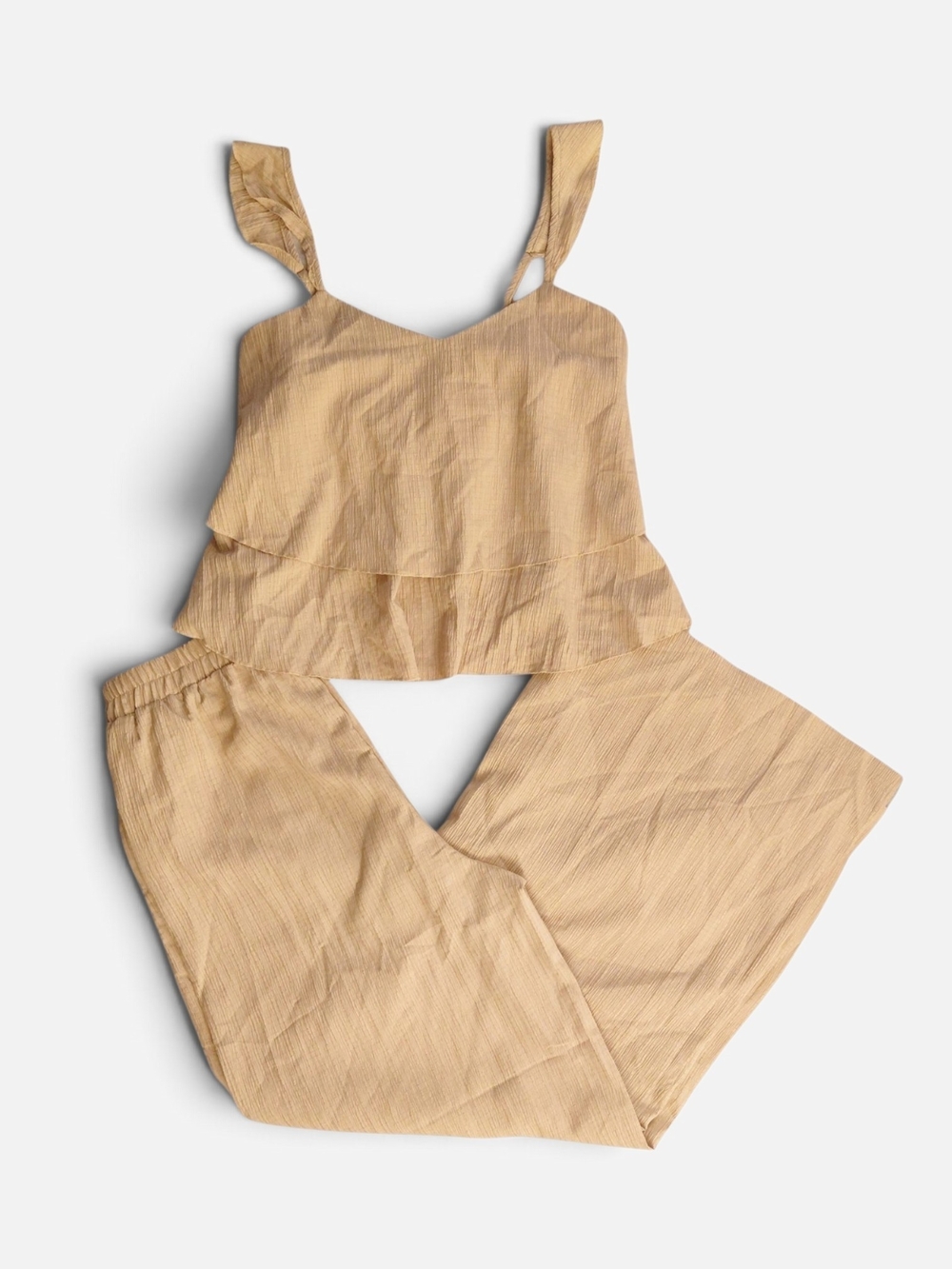 SHEIN Textured Two Piece Matching Co-Ord Set Khaki Tan M Wide Leg High Waisted